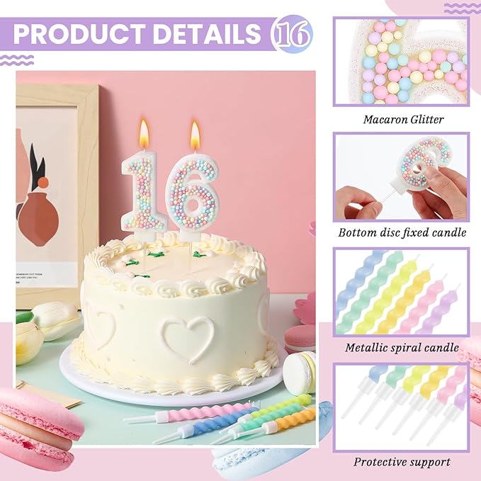 MTLEE Number 16 Birthday Candle with 12 Pcs Spiral Candles for Girls Macaron Pastel Rainbow Unicorn Pink Cake Topper for Sweet Theme Party Decoration