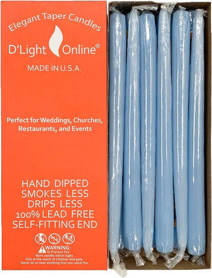 D'light Online Elegant 10" Light Blue Taper Candles, Premium Quality Hand-Dipped Tapered Candles, Dripless and Smokeles - Set of 12 Individually Wrapped (10 Inch, Light Blue)