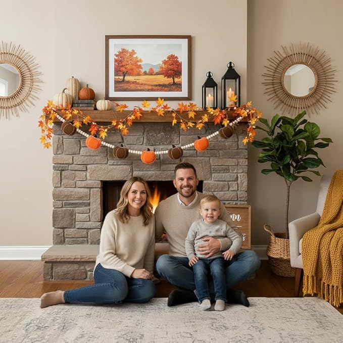 2 Pcs Fall Decorations for Home Felt Pumpkin & Wood Bead Garlands with Maple Leaf Lights for Mantel Ideal for Fall Thanksgiving Halloween and Holiday Decor