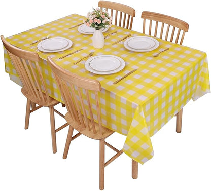 Kesfey 3 Packs Yellow Gingham Tablecloth 54 x 108 Inches Yellow and White Checkered Table Cloths Disposable Plastic Gingham Tablecovers Waterproof Rectangle Picnic Plaid Table Cover for Camping Party