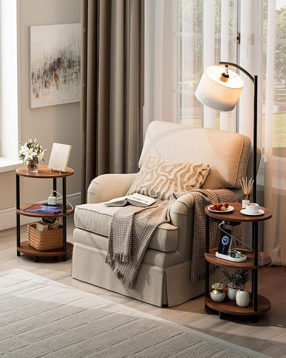 Round Side Table with Lamp and USB Ports, 3-Tier Small End Table for Living Room & Bedroom, Rustic Wood Metal Nightstand for Small Spaces, Easy to Assemble, Rustic Walnut