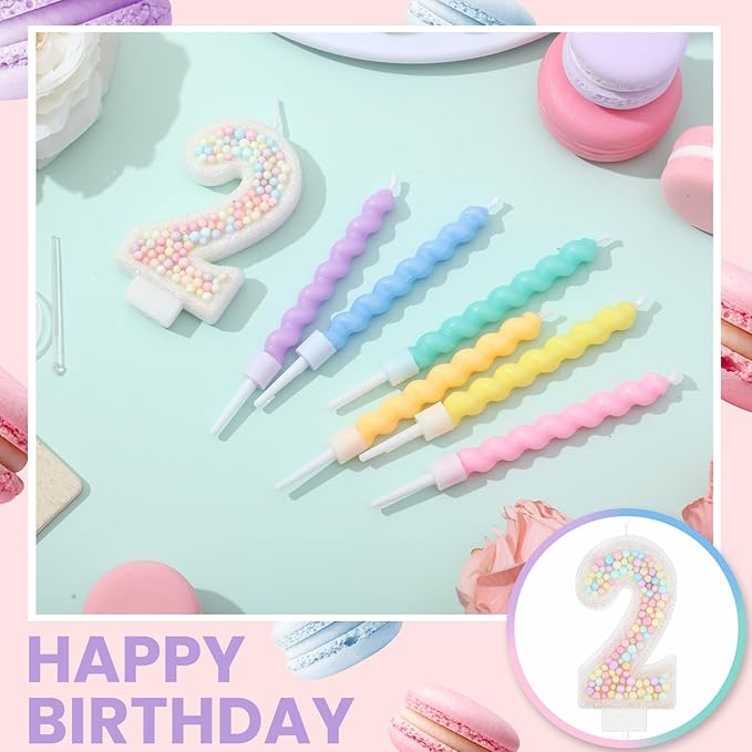 MTLEE Number 2 Birthday Candle with 12 Pcs Spiral Candles for Girls Macaron Pastel Rainbow Unicorn Pink Cake Topper for Sweet Theme Party Decoration