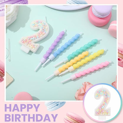 MTLEE Number 2 Birthday Candle with 12 Pcs Spiral Candles for Girls Macaron Pastel Rainbow Unicorn Pink Cake Topper for Sweet Theme Party Decoration