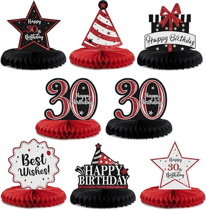 Happy 30th Birthday Decorations,30th Bday Red Glitter Shiny Stand Honeycomb Table Centerpieces - Cheers to Thirty Years Old Birthday Party Photoprop Gift Sign.