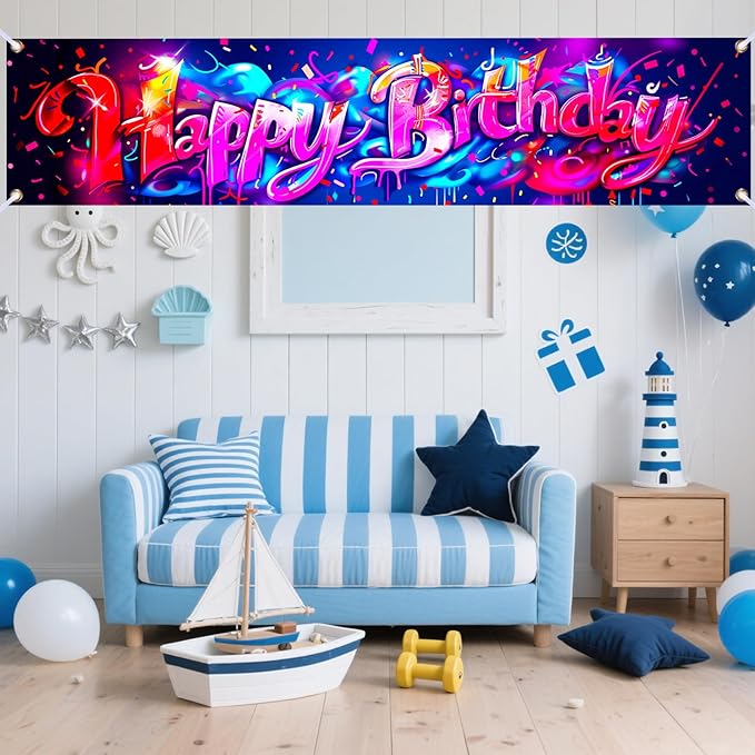 Nuxovilar Happy Birthday Banner Decorations 17.72x78.74 Inch Graffiti Neon Theme - Polyester for Indoor Outdoor Birthday Party Decor