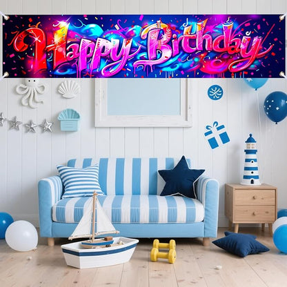 Nuxovilar Happy Birthday Banner Decorations 17.72x78.74 Inch Graffiti Neon Theme - Polyester for Indoor Outdoor Birthday Party Decor