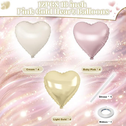Dusty Pink Cream Heart Balloons, 12Pcs 18 Inch Retro Blush Pink Nude Apricot Beige Pastel Gold Neutral Heart Shape Foil Balloon for Birthday Wedding Baby Bridal Shower Valentines Party Decorations