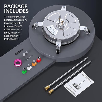 14" Pressure Washer Surface Cleaner 4500 PSI with 304 Industrial-grade Stainless Steel Housing,1/4” Quick Plug, 4 Universal Wheels, 2 x 15" Extended Wands, 2 Replacement Nozzles, 4 Spray Nozzle Tips