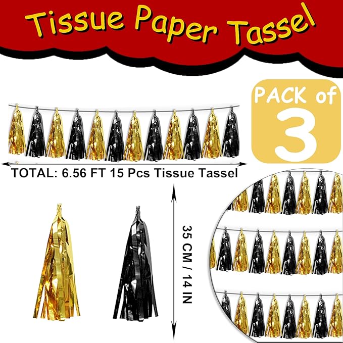3P Black Gold Tassel Banner Garland Metallic Foil Fringe Banner Tinsel Tassels Streamer Banner Backdrop for Parade Floats, 2025 Graduation Decorations, Father's Day,New Years Party Decoration