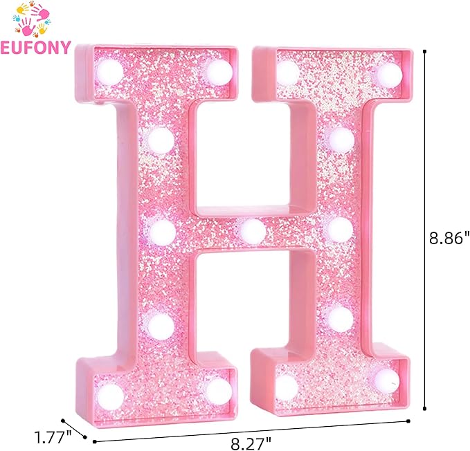 Pink LED Marquee Light Up Letters, Glitter Alphabet Letter Lights for Birthday Party Decorations, Battery Operated Letter Signs for Girls Room Table Decor, Pink letter H with Cool White Lights