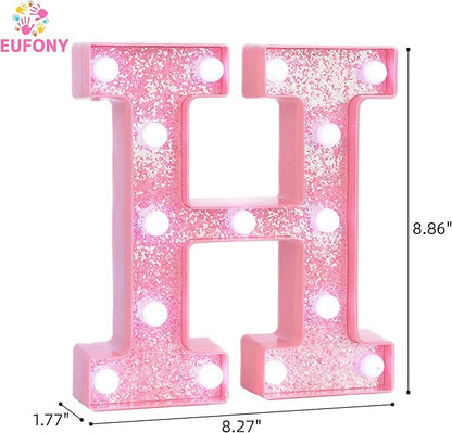 Pink LED Marquee Light Up Letters, Glitter Alphabet Letter Lights for Birthday Party Decorations, Battery Operated Letter Signs for Girls Room Table Decor, Pink letter H with Cool White Lights