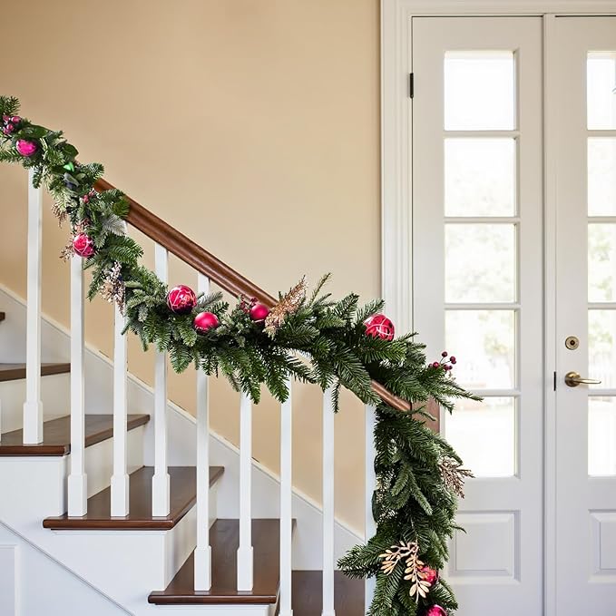 9 FT Pre-lit LED Christmas Garland with 20 Red Balls, Multi-Function Christmas Garland with 50 Warm White LED Lights for Mantle Fireplace Staircase Porch Decor