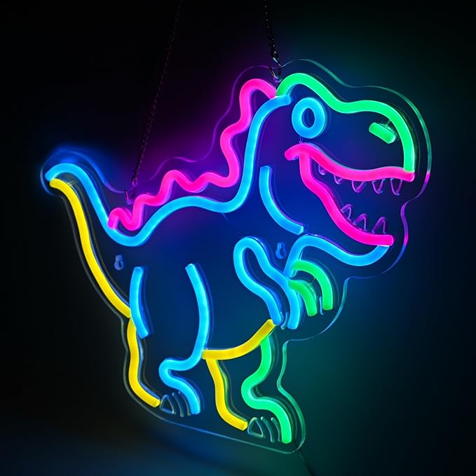 Kids Dinosaur Neon Light - Colorful LED Decor for Children's Bedroom, Dinosaur Birthday Party Decor, Gift for Boys & Girls Age 5-12, 15x12.4" USB Powered