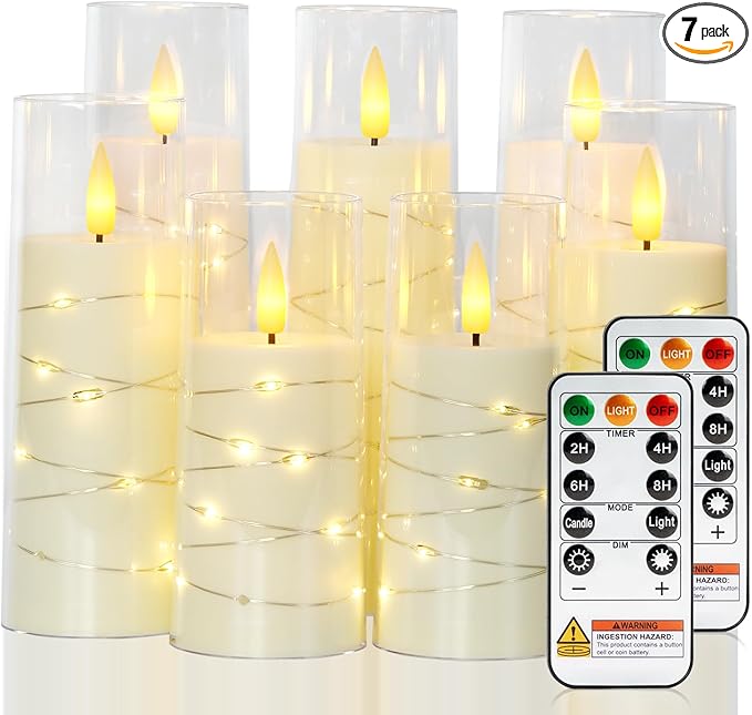 Raycare Flameless Candle with Remote Timer, 7 Flickering Acrylic Battery Operated LED Pillar Candles with Embedded Star String for Christmas, Home Decor, and as a Gift(Ivory)