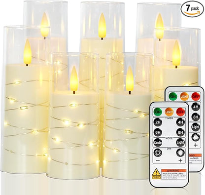 Raycare Flameless Candle with Remote Timer, 7 Flickering Acrylic Battery Operated LED Pillar Candles with Embedded Star String for Christmas, Home Decor, and as a Gift(Ivory)