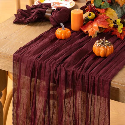 MLMC 8 Pack Burgundy Cheesecloth Table Runner Boho Rustic Gauze Fall Wine Red Cheese Cloth Table Runner Cheese Cloth Decor 35x120 Inches for Wedding Winter Reception Christmas Home Decor