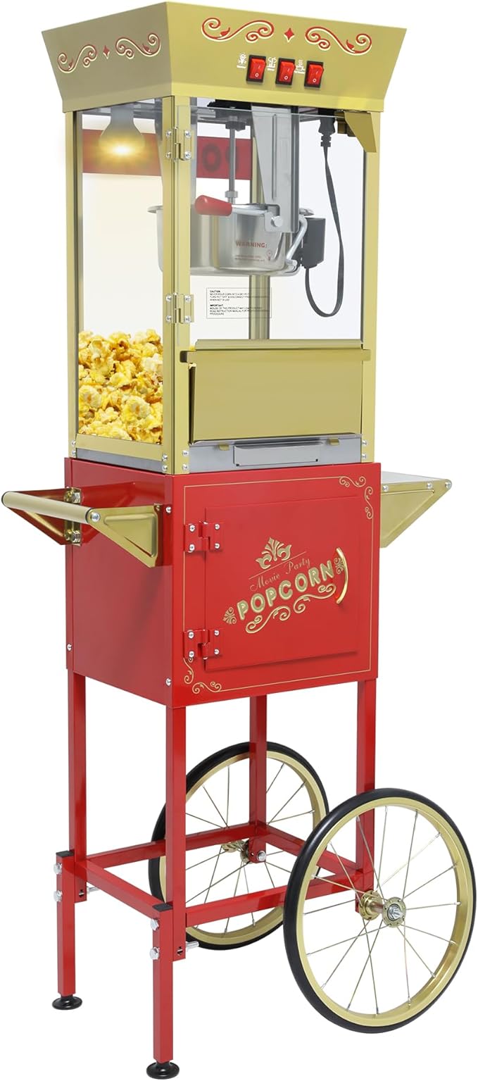 Vintage Commercial Popcorn Machine with Cart & Warmer Light - 12oz Stainless Steel Popper Makes 60 Cups for Home Theater and Parties, Red