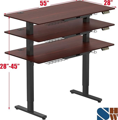 SHW 55 x 28 Inches Electric Height Adjustable Standing Desk with Drawer and Memory Preset, Cherry