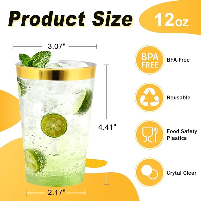 100 Pack 12 oz Gold Plastic Cups, Disposable Clear Plastic Cups for Cocktail Party With Heat Resistance (12oz 100count Gold)