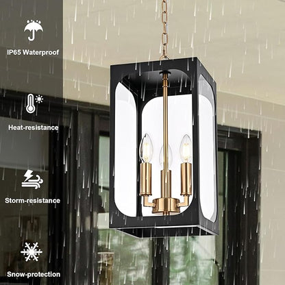 BONLICHT Black Outdoor Pendant Light Fixture 3 Light Modern Outdoor Chandelier with Clear Glass,Brushed Brass Outside Porch Lights Ceiling Hanging Exterior Pendant Lighting Fixture for Gazebo Foyer