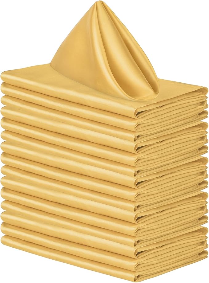 ANECO 16 Pack Square Satin Napkin Bright Silk Table Napkin Soft Smooth Fabric Table Napkin for Wedding Banquet Party Decoration, Gold, 20 x 20 Inch