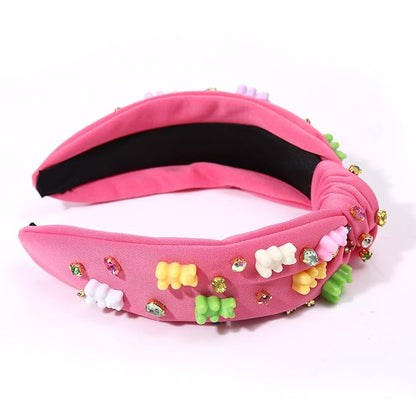 Knotted Headband for Women - Crystal Embellished Top Knot Hairband, Statement Wide Turban Hair Hoop, Funny Gifts for Girls, Sister Birthday, Holiday Party (Gummy Bear Knot-Rose Red)