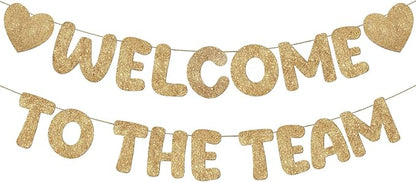 Fulmoon Pre Strung Welcome to The Team Banner with Two Heart Signs, NO DIY, Glitter Welcome Party Supplies for New Employee, Coworker, Colleague, Staff, Team Member Office Decorations(Champagne Gold)
