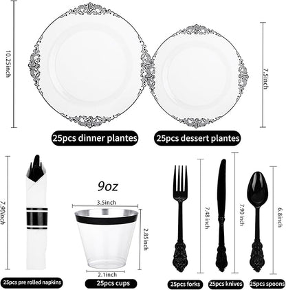 Hioasis 175pcs Clear Black Plastic Plates - Elegant Disposable Dinnerware Set Suitable for 25 Guests Include 10.25" Dinner & 7.5" Dessert Plates, Pre Rolled Silverware Set, Cups for Party & Wedding