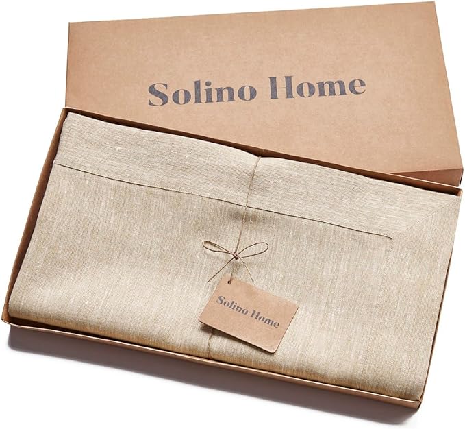 Solino Home Linen Tablecloth 60 x 132 Inch - 100% Pure Linen Champagne Beige Table Cloth for Rectangle Tables - Athena, Machine Washable Tablecloth for Fall, Autumn, Christmas, Holiday, New Year