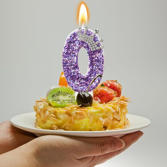 Birthday Number Candles,Purple Crown Birthday Candles for Cake,Glitter Number 0 Candle Cake Topper with Sequins for Anniversary Celebrations Supplies (Number 0)