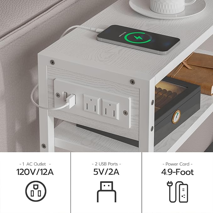 White Side Table with Charging Station, Slim End Tables with Linen Basket, Skinny Table for Small Spaces, Thin Bedside Table for Living Room, Bedroom