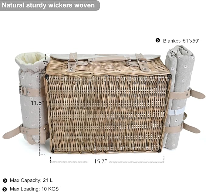 Multifunctional Wicker Picnic Basket Set for 4 with Blanket and Picnic Table, Insulated Picnic Set with Full Tablewares for Camping Outdoor Couples, Flowers