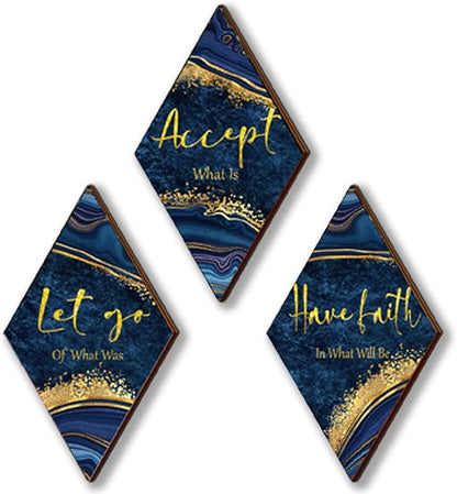 3Pcs Blue And Gold Bathroom Decor Gold Wall Decor with Accept Let Go Have Faith Quote Rustic Vintage Farmhouse Wooden Hanging Signs for Women Home Laundry Living Bedroom(12x7)