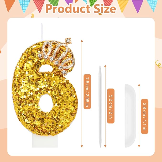 Gold Birthday Candle Crown Number 6 Candle with Sequins Cake Candles Cupcake Decorations Party Decor for Anniversary Celebrations Supplies