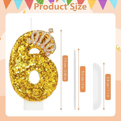 Gold Birthday Candle Crown Number 6 Candle with Sequins Cake Candles Cupcake Decorations Party Decor for Anniversary Celebrations Supplies