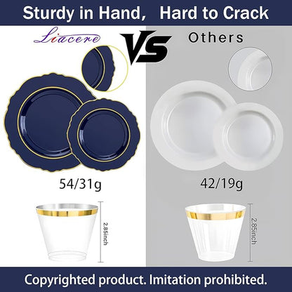 Liacere 350PCS Navy Blue Plastic Plates-Disposable Blue Gold Plates 50guest Plastic Dinnerware include 100Plates,50Pack Pre Rolled Napkins with Silverware 50Cups for Christmas ＆ Hanukkah
