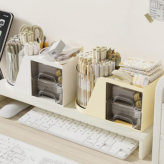 Desk Organizer with Rotating Pencil Pen Holder and 2 Small Drawers, Desk Caddy for Office Workspace Organization and Storage (White)