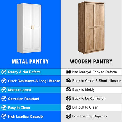 Kitchen Pantry Cabinet, 60 Inch Tall Pantry Storage Cabinet with Doors and Adjustable Shelves, Metal Storage Cabinet with Golden Handles for Dining, Living Room, Assembly Required, White