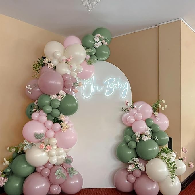 Baby in Bloom Balloon Arch Kit 139Pcs Dusty Pink and Sage Green Balloons White Sand Balloon Garland for Boho Baby Shower Wedding Bride Anniversary Birthday Bridal Bear Theme Decorations