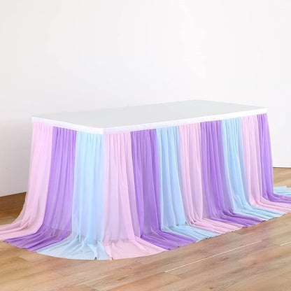 Mermaid Tulle Table Skirt Blue Pink Purple Striped Table Skirts for Rectangle Tables Frozen Baby Shower Mermaid Birthday Parties Decoration 14ft