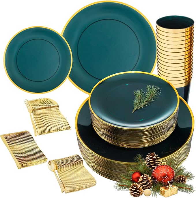 LIYH 180 Pcs Clear and Green Gold Plastic Christmas Plates - Emerald Green Disposable Plastic Dinnerware Sets, Include Dishes, Tableware, Cups for Party & Christmas & Wedding 30 Guests