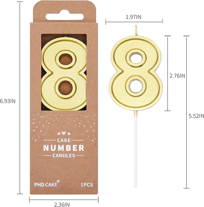 PHD CAKE 2.76 Inch Luxe Gold 8 Number Birthday Candles, Gold Number Candle, Cake Number Candles, Party Celebration