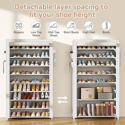 LANTEFUL Shoe Rack with Covers 10 Tier Tall Shoe Rack Organizer Large Capacity Shoe Shelf Storage 40 Pairs Space Saving Free Standing Shoe Storage Organizer for Closet, Entryway, Dorm, White