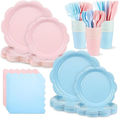 400 Pcs Baby Gender Reveal Plates and Napkins Set Party Supplies, Tableware set for 50 Guest include Pink and Blue Scalloped Plates Napkins Knives Forks Spoons Cups for Baby Shower Gender Reveal Party