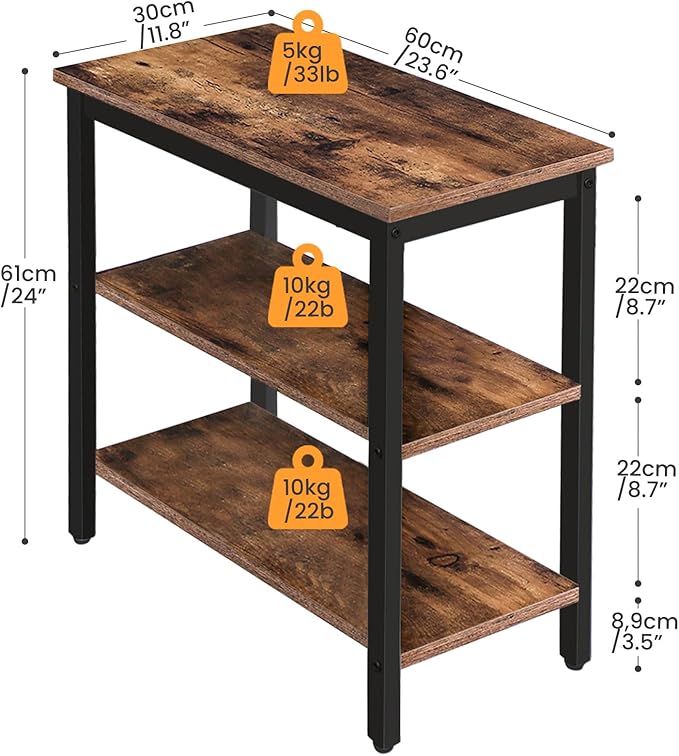 HOOBRO End Table, Simple Rustic Side Table with 3-Tier Storage Shelf, Narrow Nightstand for Small Spaces, for Living Room, Bedroom,Easy Assembly, Industrial Design, Rustic Brown and Black BF14BZ01
