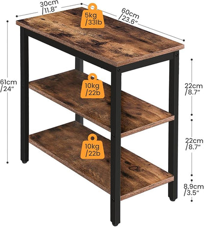HOOBRO End Table, Simple Rustic Side Table with 3-Tier Storage Shelf, Narrow Nightstand for Small Spaces, for Living Room, Bedroom,Easy Assembly, Industrial Design, Rustic Brown and Black BF14BZ01