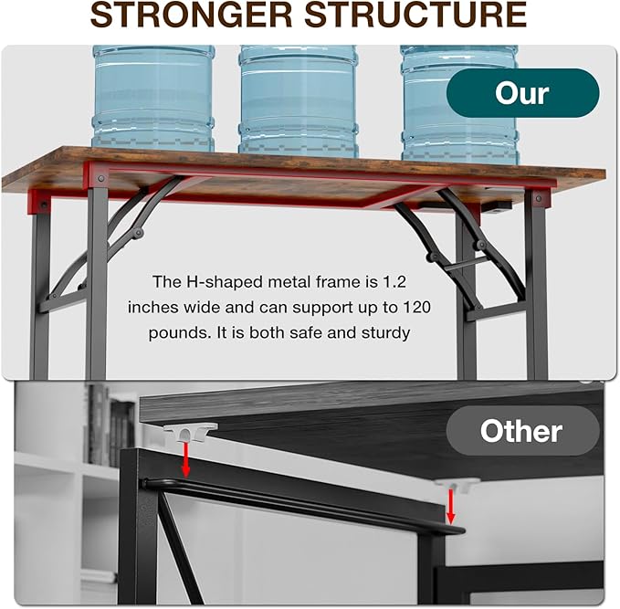 TEMI Long Computer Desk Folding Table - No Assembly, Compact 55" Foldable Desk with Power Outlets & USB Charging Port, Portable Lagre Office Desk, Ideal Large Study Table for Narrow Spaces, Brown