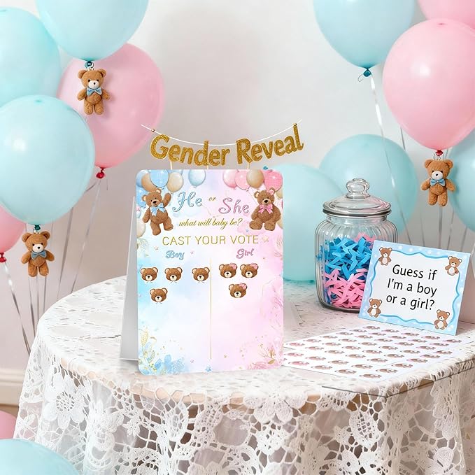 Poen Bear Gender Reveal Game Board with Stand, 60 He or She Bear Stickers, Cast Your Vote Baby Shower Party Supplies, Boy or Girl Guessing Game Decorations for Gender Reveal Party Baby Shower Decor