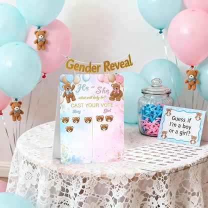 Poen Bear Gender Reveal Game Board with Stand, 60 He or She Bear Stickers, Cast Your Vote Baby Shower Party Supplies, Boy or Girl Guessing Game Decorations for Gender Reveal Party Baby Shower Decor