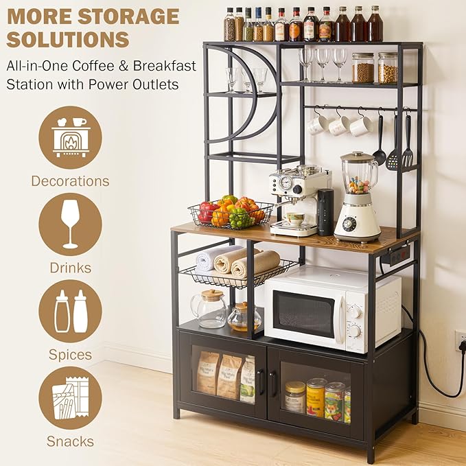 Uieke Bakers Rack with Power Outlet and Storage, Kitchen Bakers Rack with Cabinet & 10 Hooks, Coffee Bar Cabinet, Microwave Stand, 5 Tiers Kitchen Storage Rack for Dining Room & Small Spaces, Black